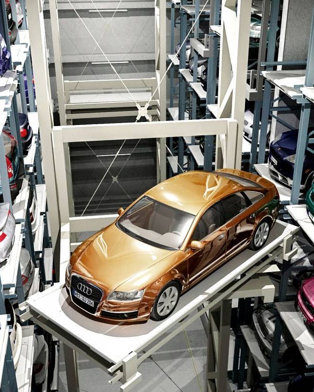 Wöhr-autopaikoitusjärjestelmä, autoja päällekkäin automaattisessa hyllystössä